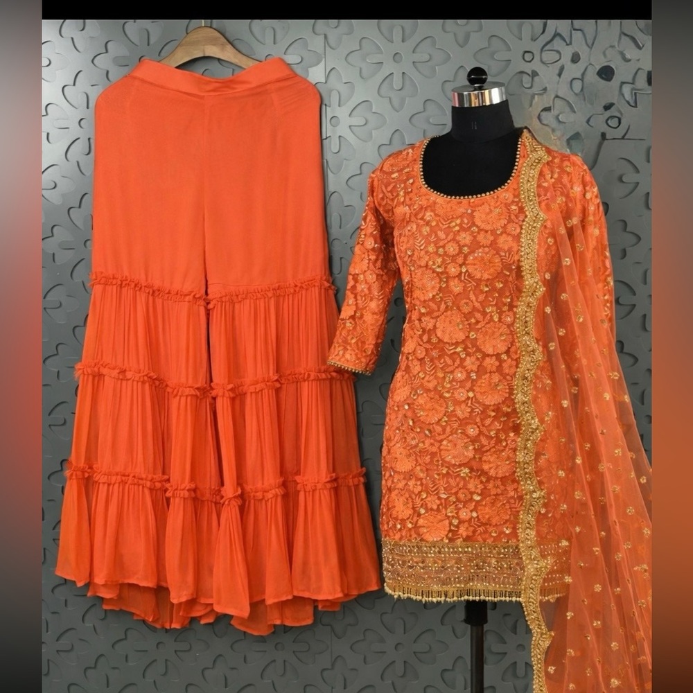 3 piece coral orange sharara set